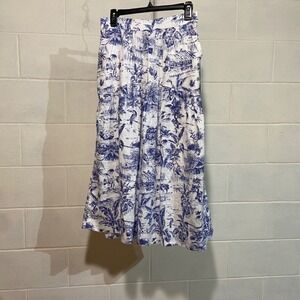 Joie Women‎ L Midi Skirt Blue White Floral Linen Elastic Back Pull on Tropical